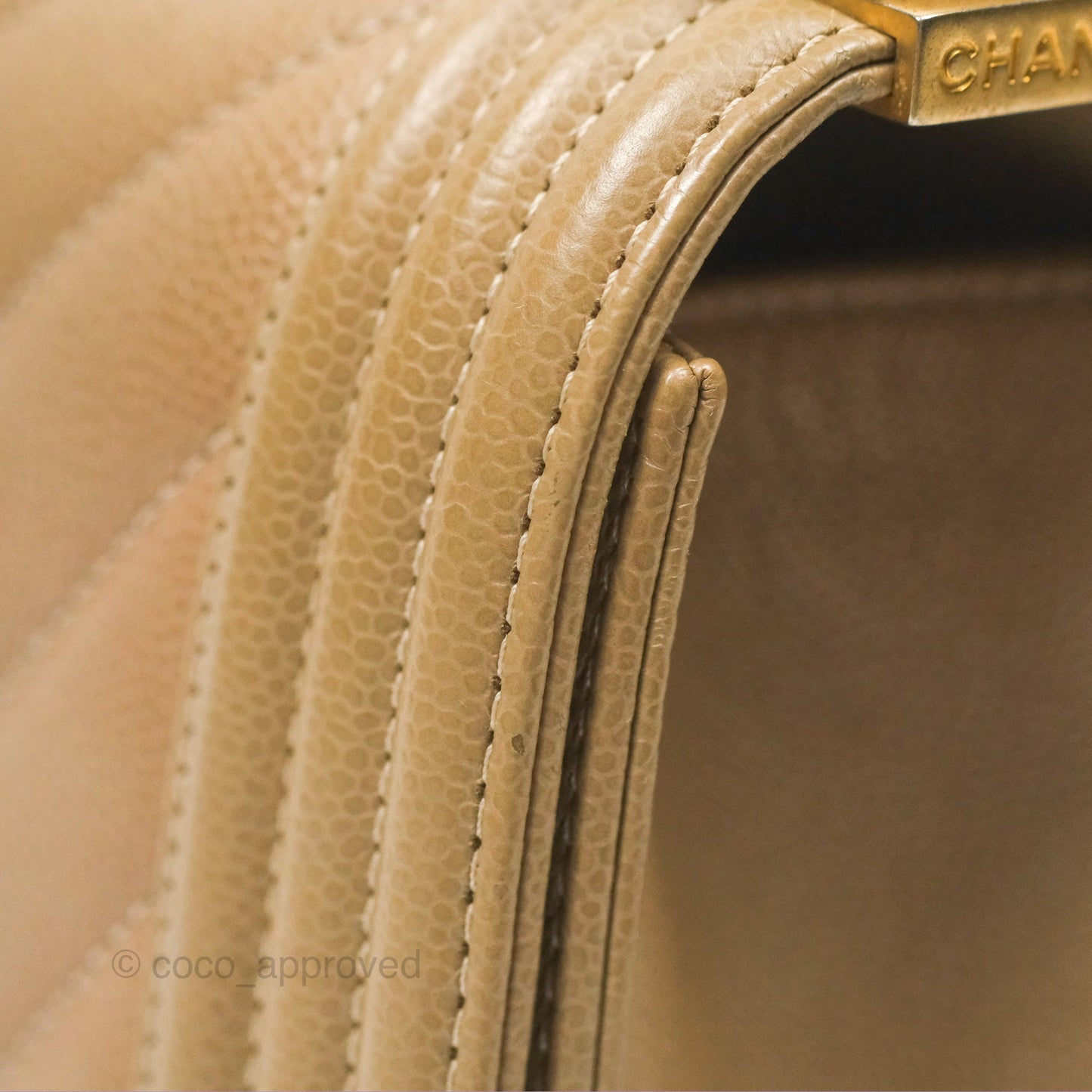 Chanel Medium Boy Chevron Beige Caviar Aged Gold Hardware