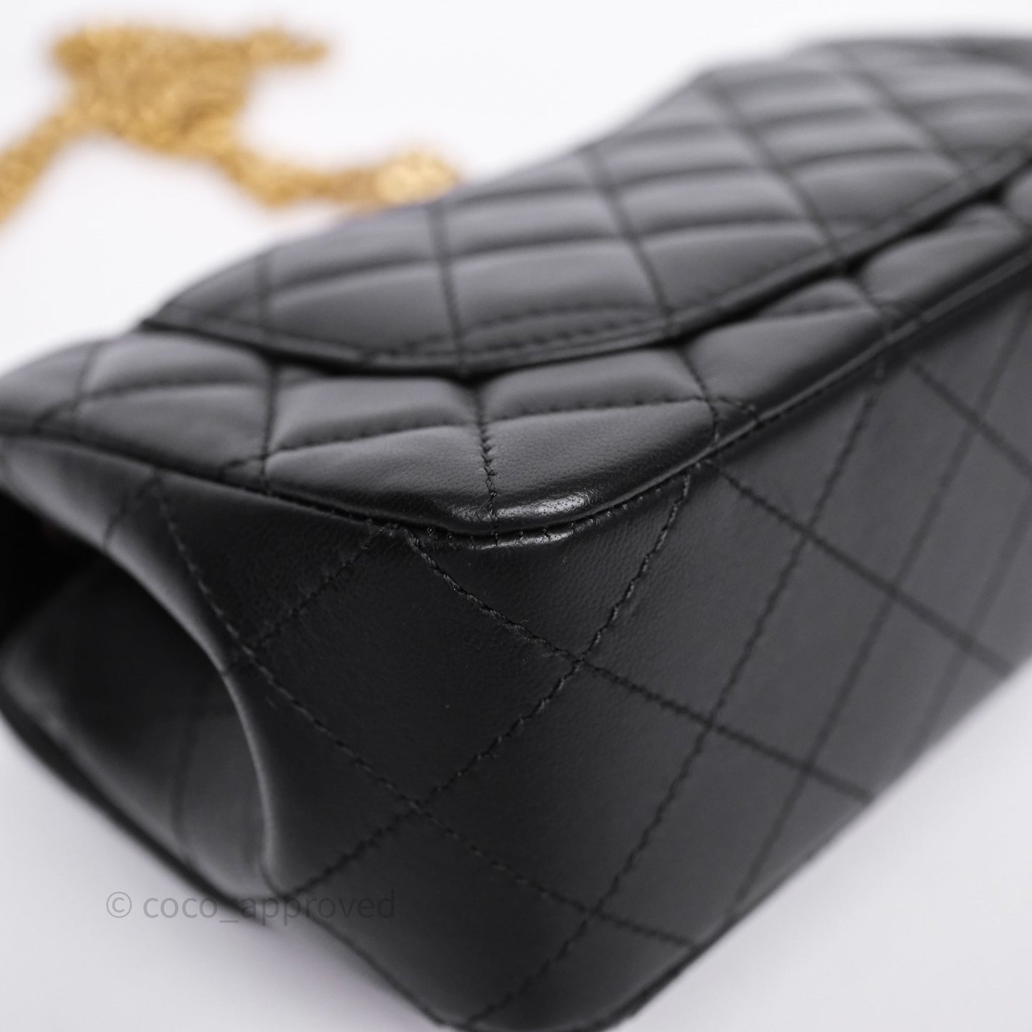 Chanel Mini Rectangular Flap with Camellia Adjustable Chain Black Lambskin Aged Gold Hardware