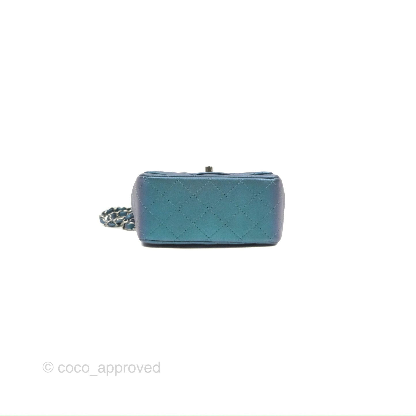 Chanel Mini Square Flap Quilted Iridescent Teal Lambskin Gun Metal