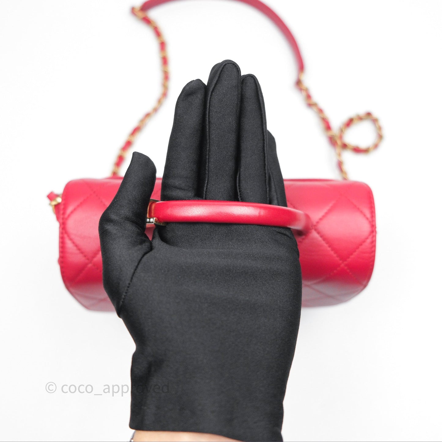 Chanel Quilted Flap Bag  with Pearl Logo Top Handle Red Lambskin Aged Gold Hardware