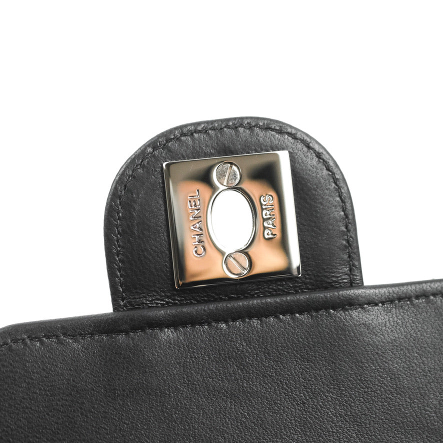 Chanel Classic Quilted Phone Holder Black Lambskin Silver Hardware