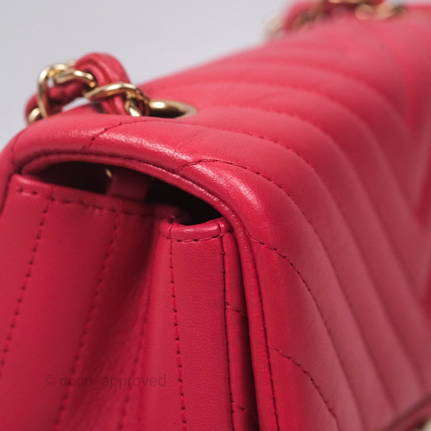 Chanel Mini Square Flap Chevron Dark Pink Lambskin Gold Hardware