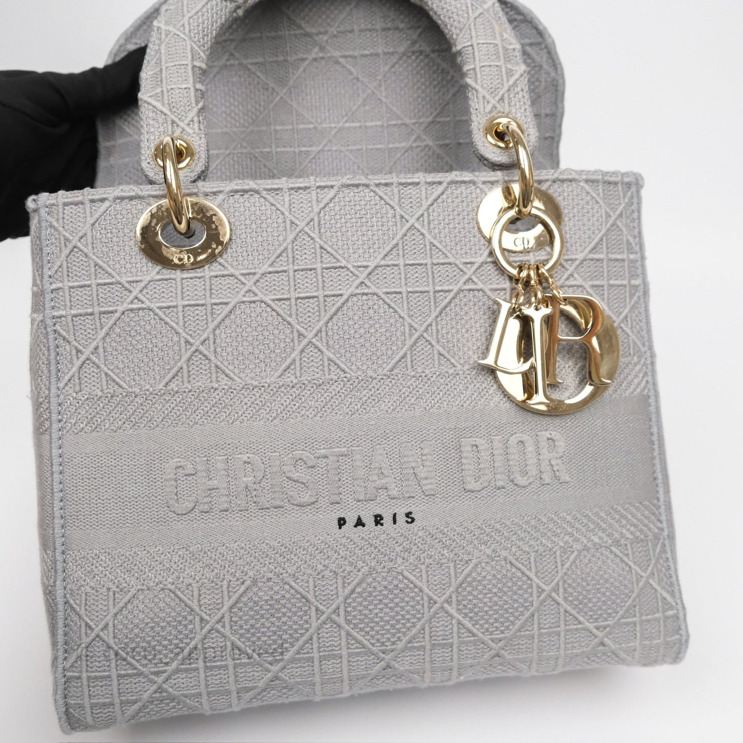 Dior Medium Lady D-Lite Bag Gray Cannage Embroidery Gold Hardware