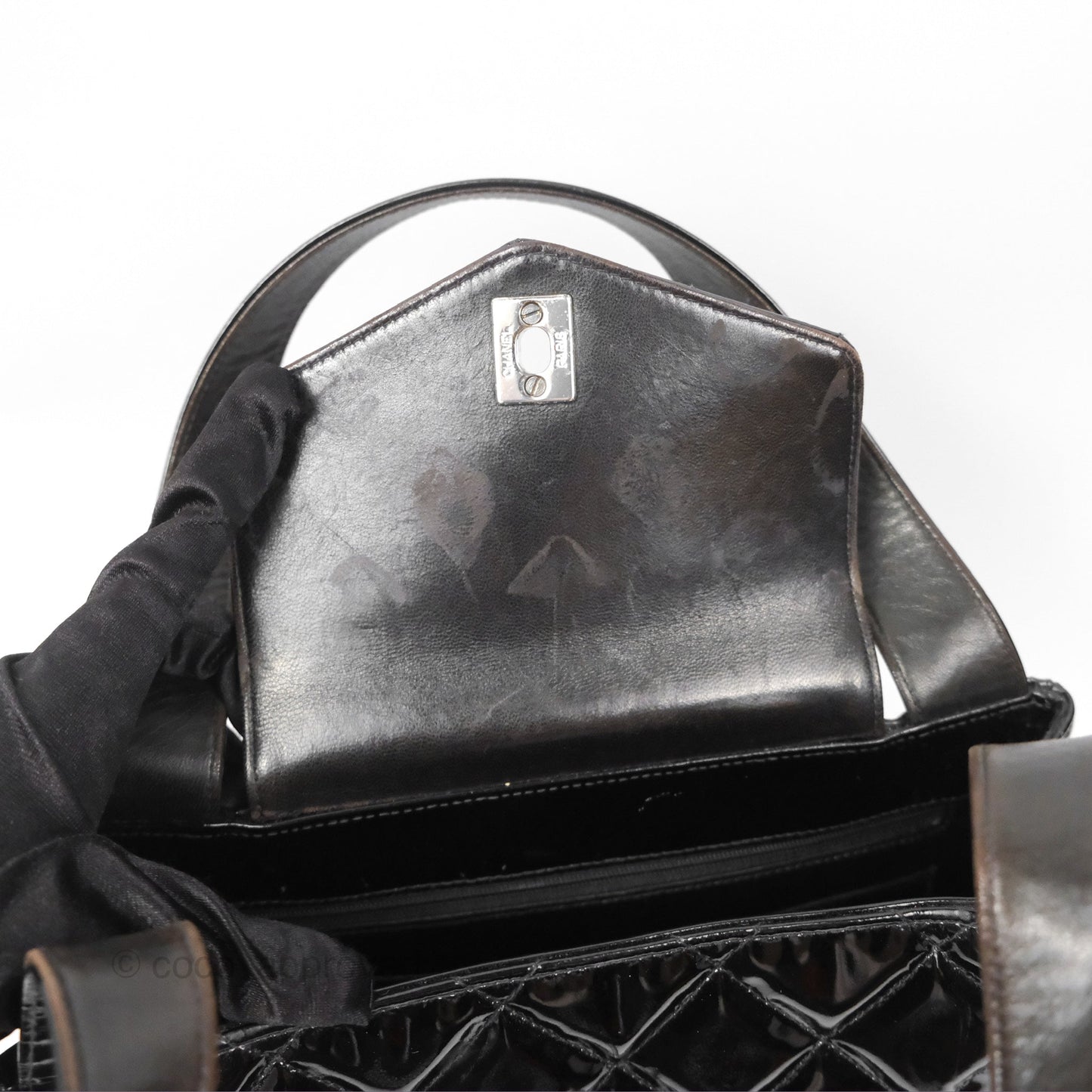 Chanel Vintage Tote Quilted Black Patent Silver Hardware