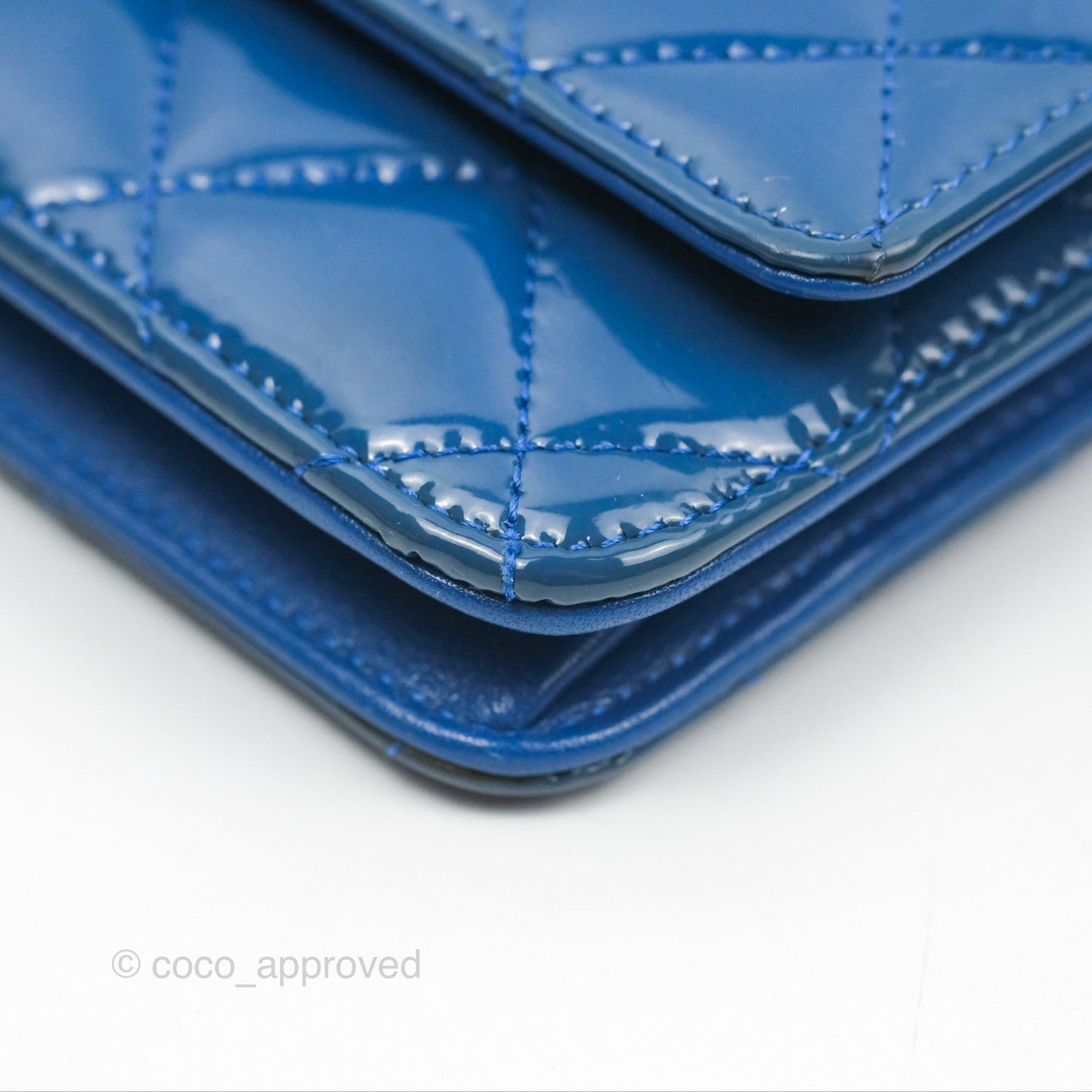 Chanel Quilted Classic Wallet on Chain WOC Blue Patent Silver Hardware