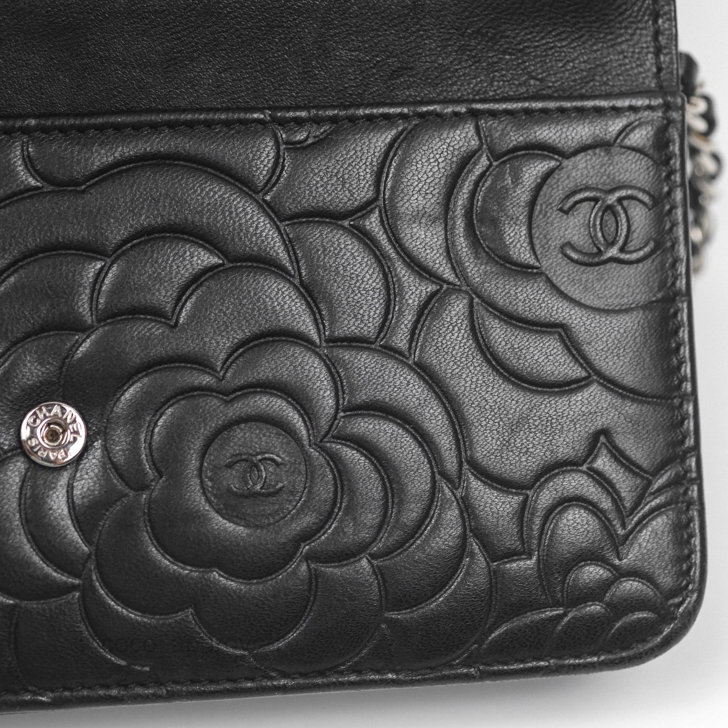 Chanel Camellia Embossed Wallet on Chain WOC Black Lambskin Silver Hardware