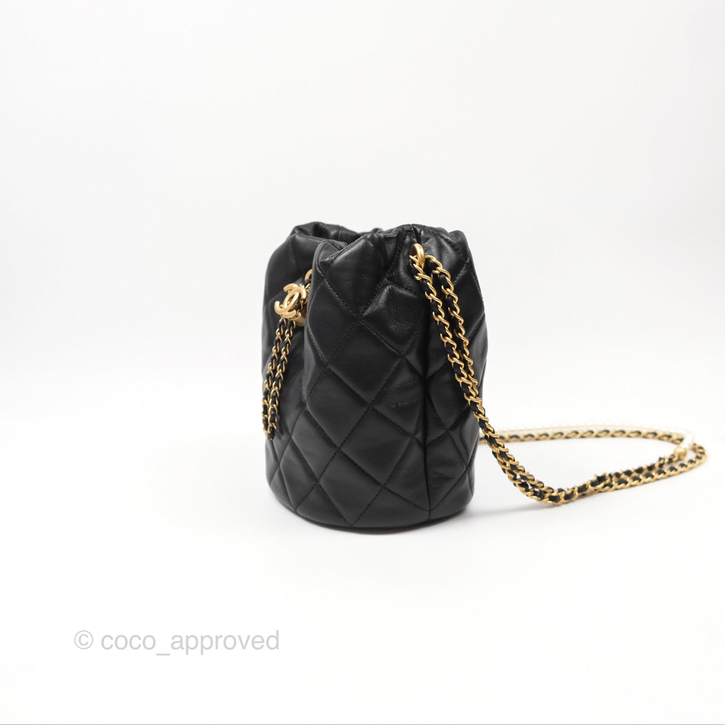 Chanel Quilted My Perfect with Pearl Drawstring Bucket Bag Black Lambskin Aged Gold Hardware