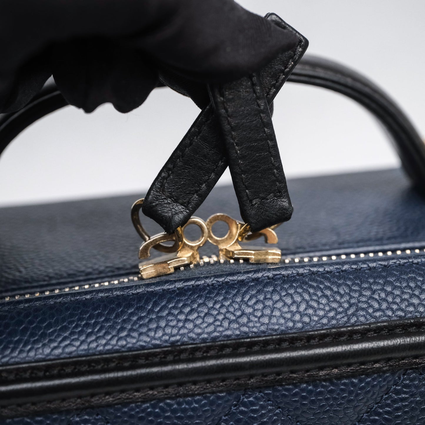 Chanel Quilted Large CC Filigree Vanity Case Navy Black Caviar Aged Gold Hardware