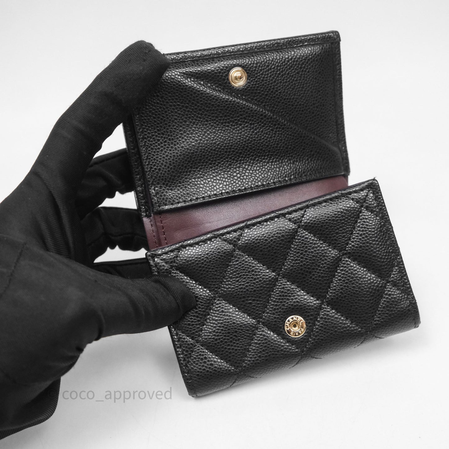 Chanel Small Classic Trifold Wallet Quilted Black Caviar Gold Hardware