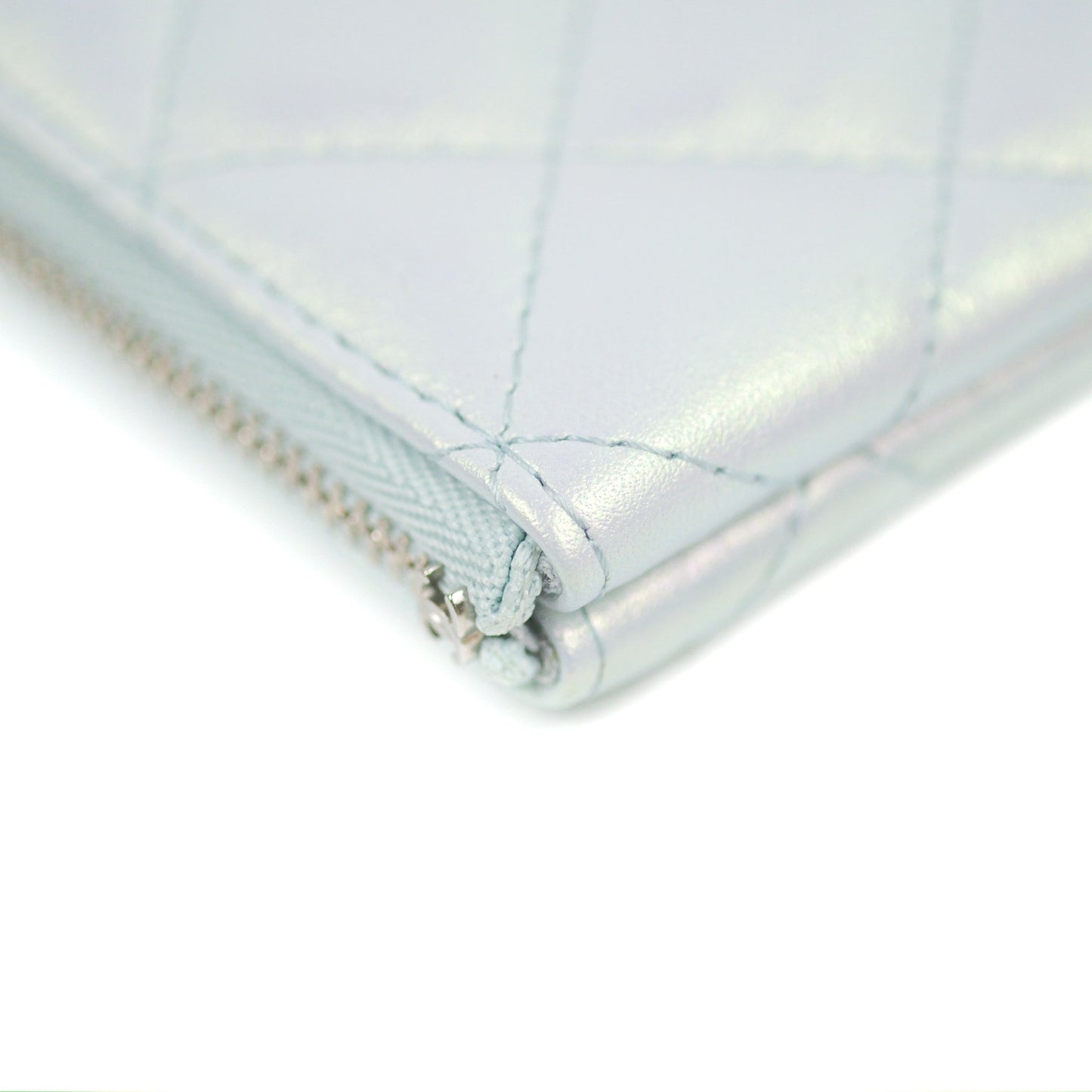 Chanel Quilted Mini O Case Iridescent Icy Blue Calfskin Silver Hardware