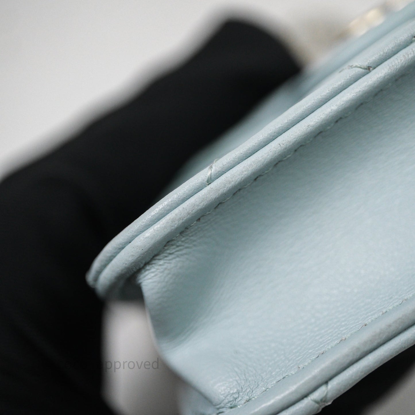 Chanel Mini Handle Flap Coin Purse With Chain Light Blue Lambskin Gold Hardware