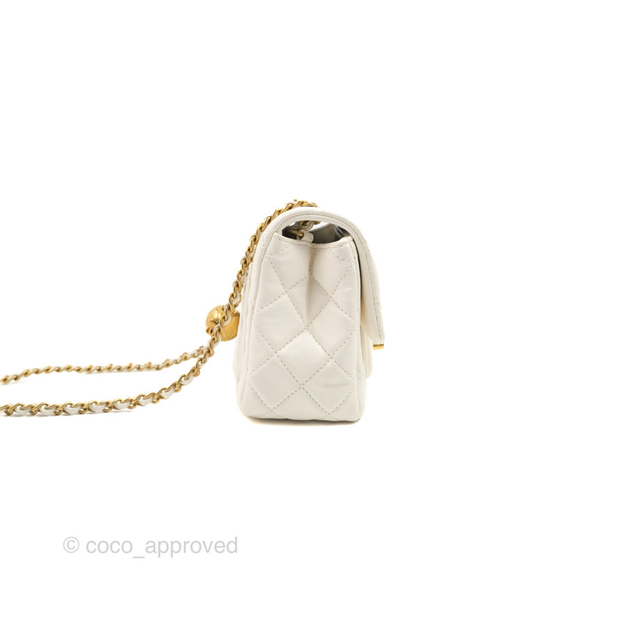 Chanel Mini Square Pearl Crush Quilted White Lambskin Aged Gold Hardware
