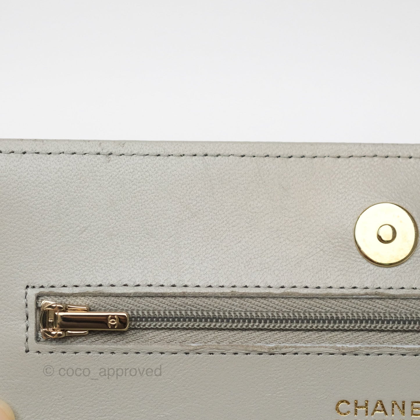 Chanel Classic Quilted Wallet on Chain WOC Light Grey Lambskin Gold Hardware