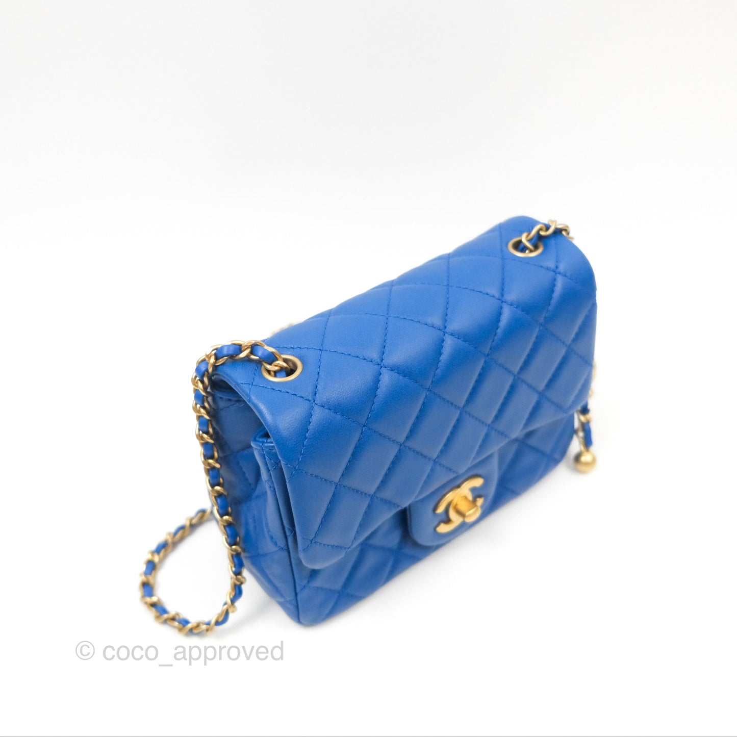Chanel Pearl Crush Mini Square Quilted Blue Lambskin Aged Gold Hardware