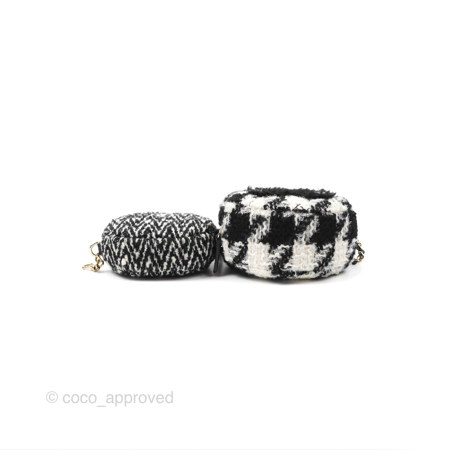 Chanel Shearling CC Round Clutch with Chain & Coin Purse Black & White Houndstooth Tweed
