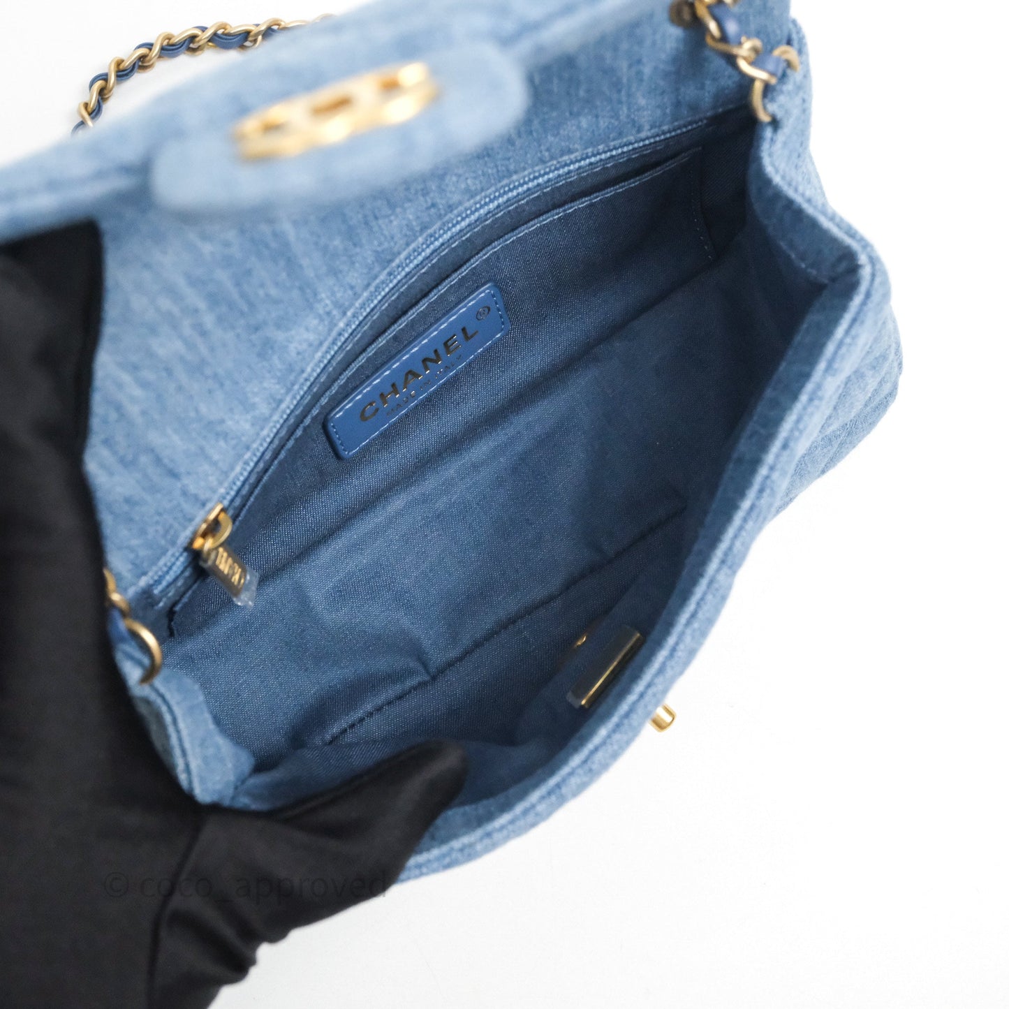 Chanel Mini Rectangular Pearl Crush Flap Quilted Denim Aged Gold Hardware