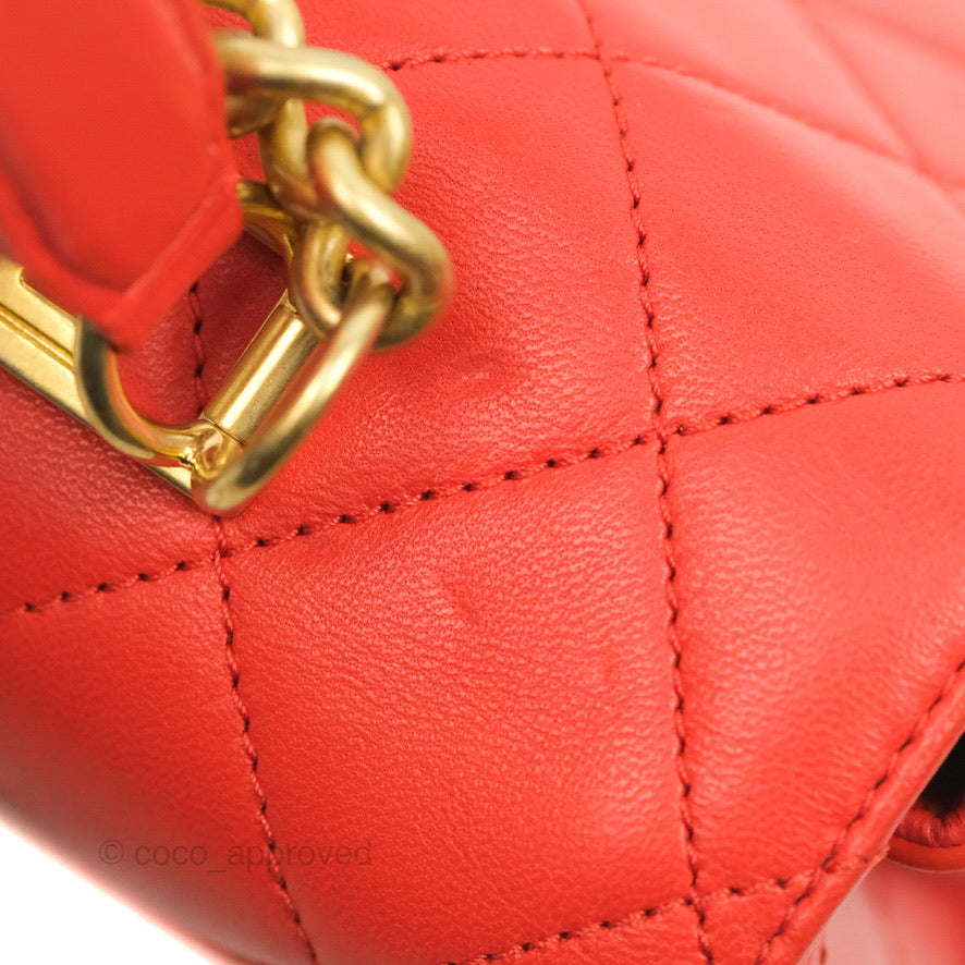 Chanel Top Handle Flap Bag Red Lambskin Aged Gold Hardware