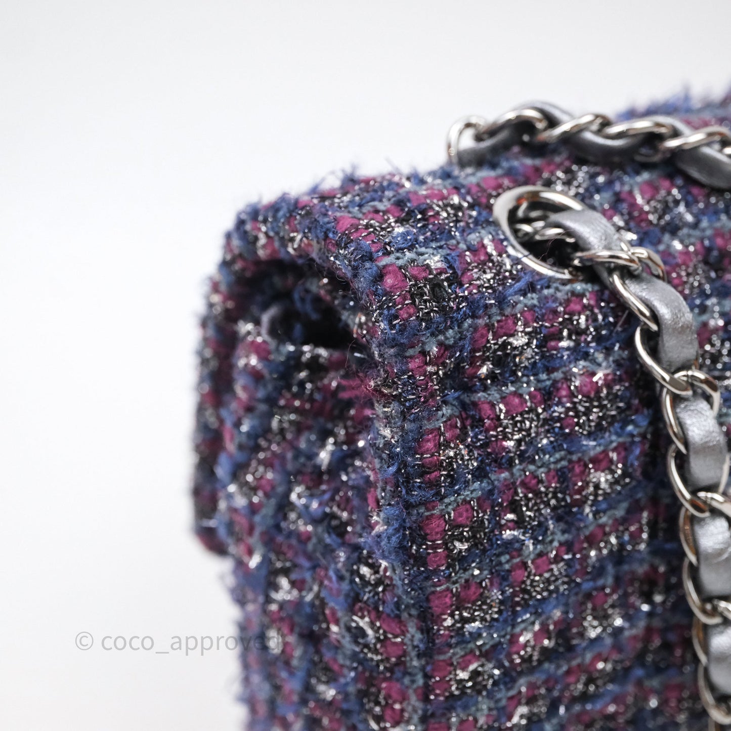 Chanel Classic M/L Medium Double Flap Purple Tweed Glitter Gun Metal