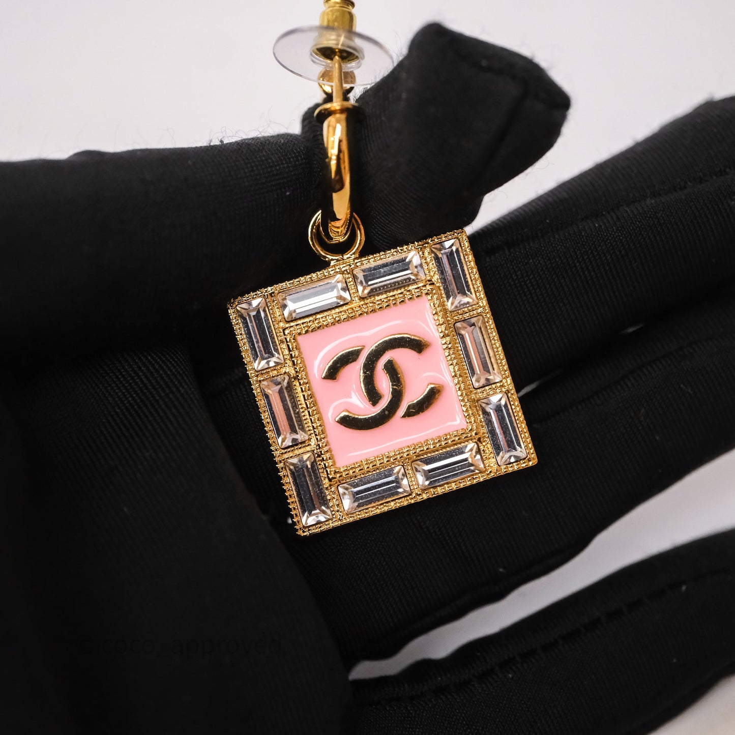 Chanel Drop Square CC Earrings Pink Gold Tone 24S