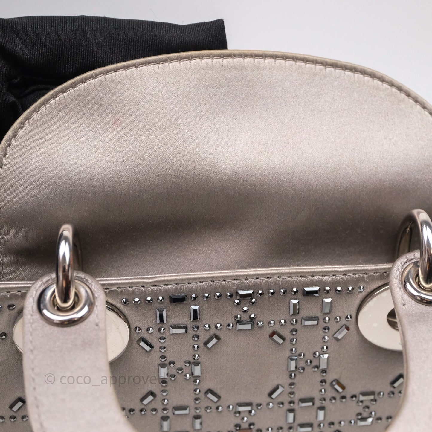 Christian Dior Mini Lady Dior Bag Grey Strass Cannage Satin Silver Hardware