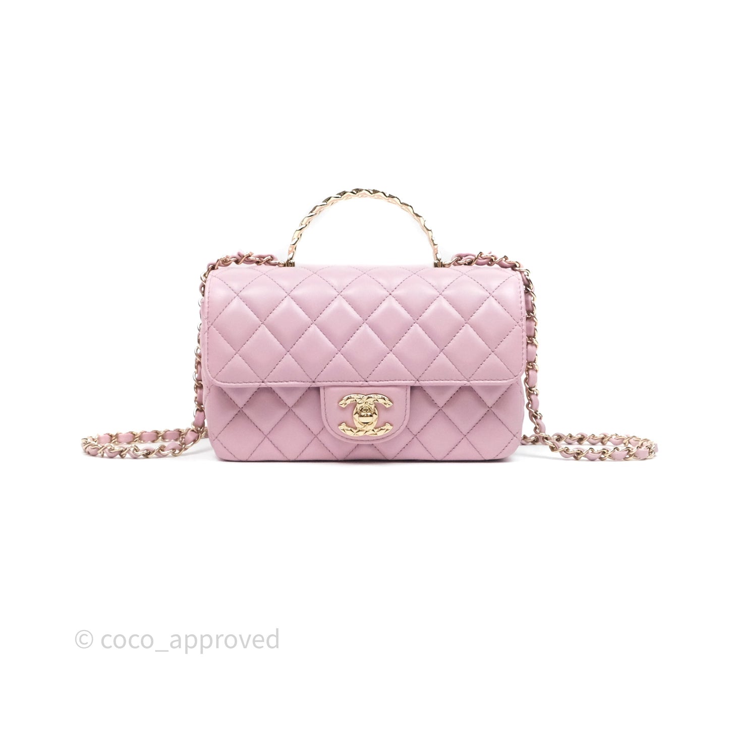 Chanel Logo Top Handle Mini Rectangular Flap Bag Pink Lambskin Gold Hardware