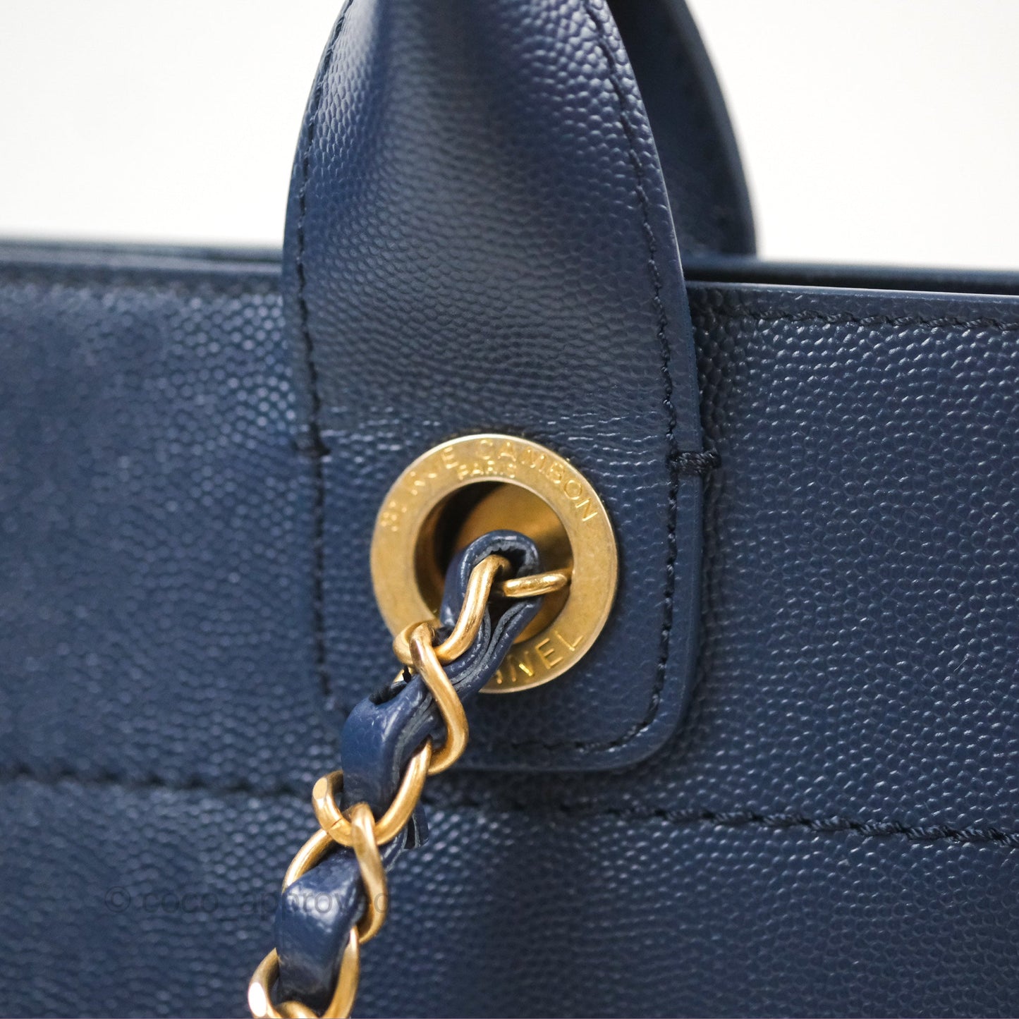 Chanel Small Studded Deauville Tote Navy Caviar Aged Gold Hardware