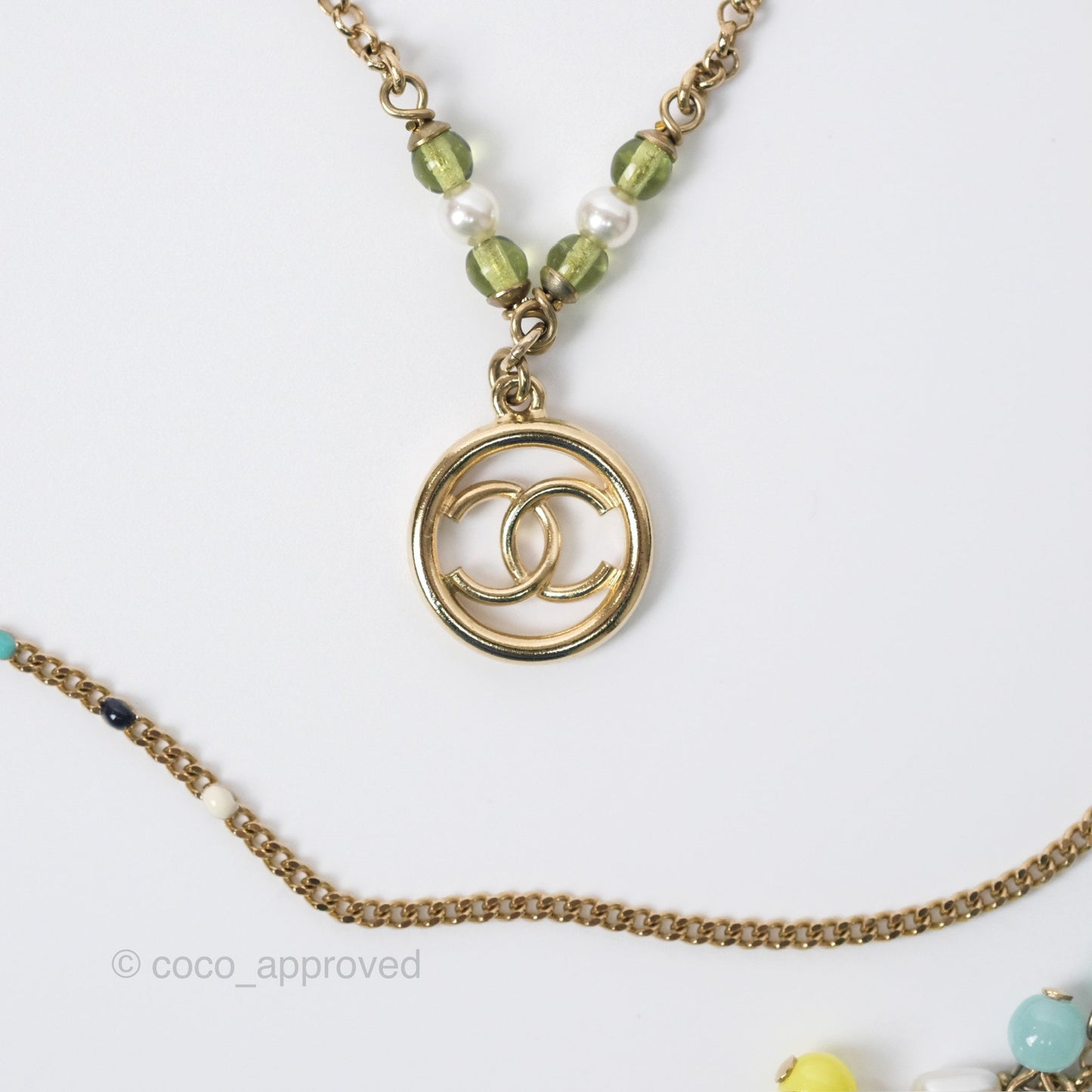 Chanel Pearl CC Green Bead Long Necklace Gold Tone 19S