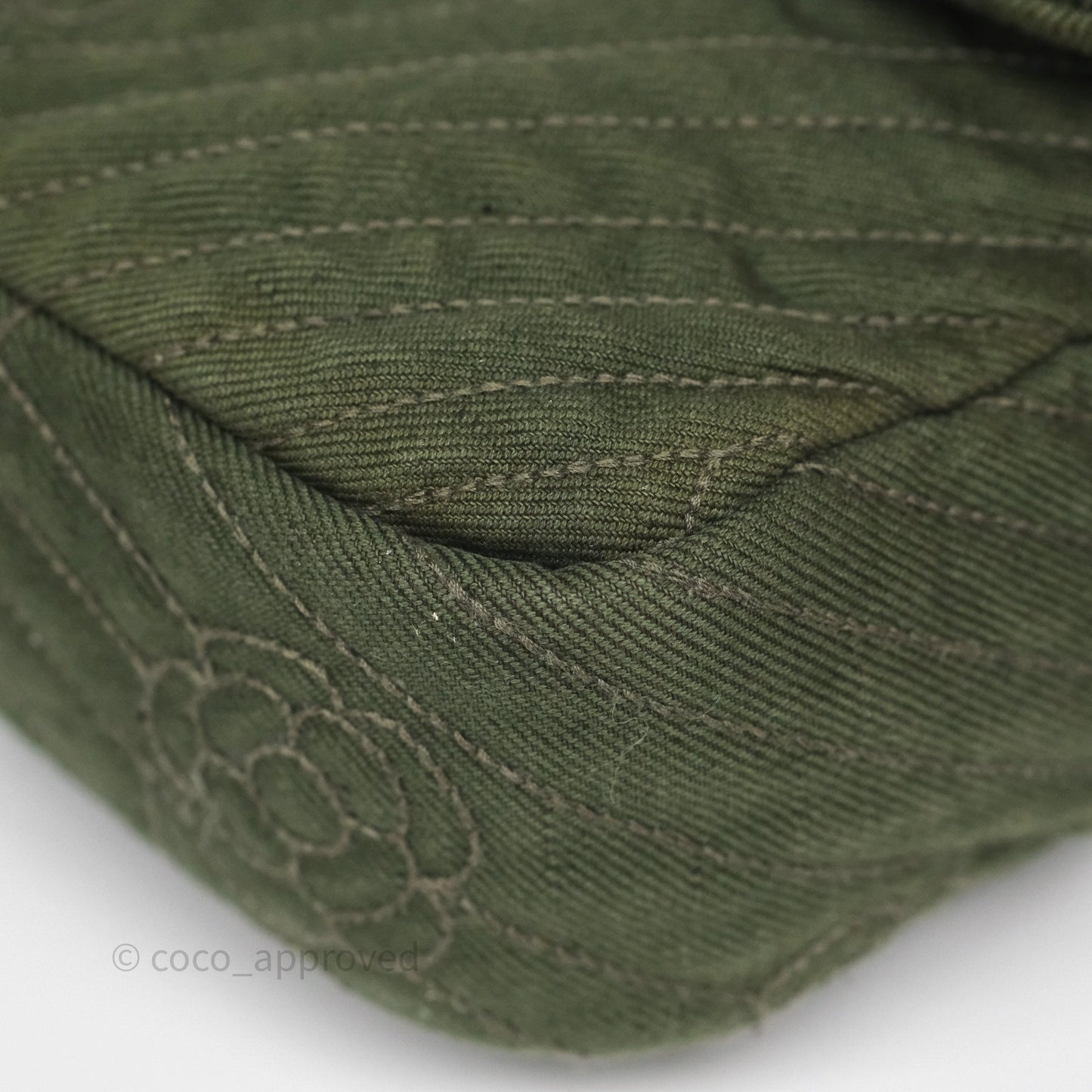 Chanel Camellia Flap Bag Army Green Denim Silver Hardware