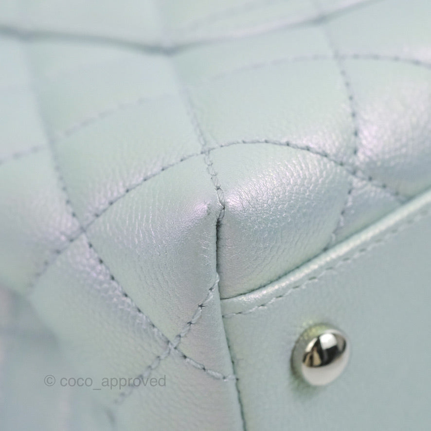 Chanel Small Coco Handle Quilted Iridescent Light Blue Caviar Rainbow Hardware