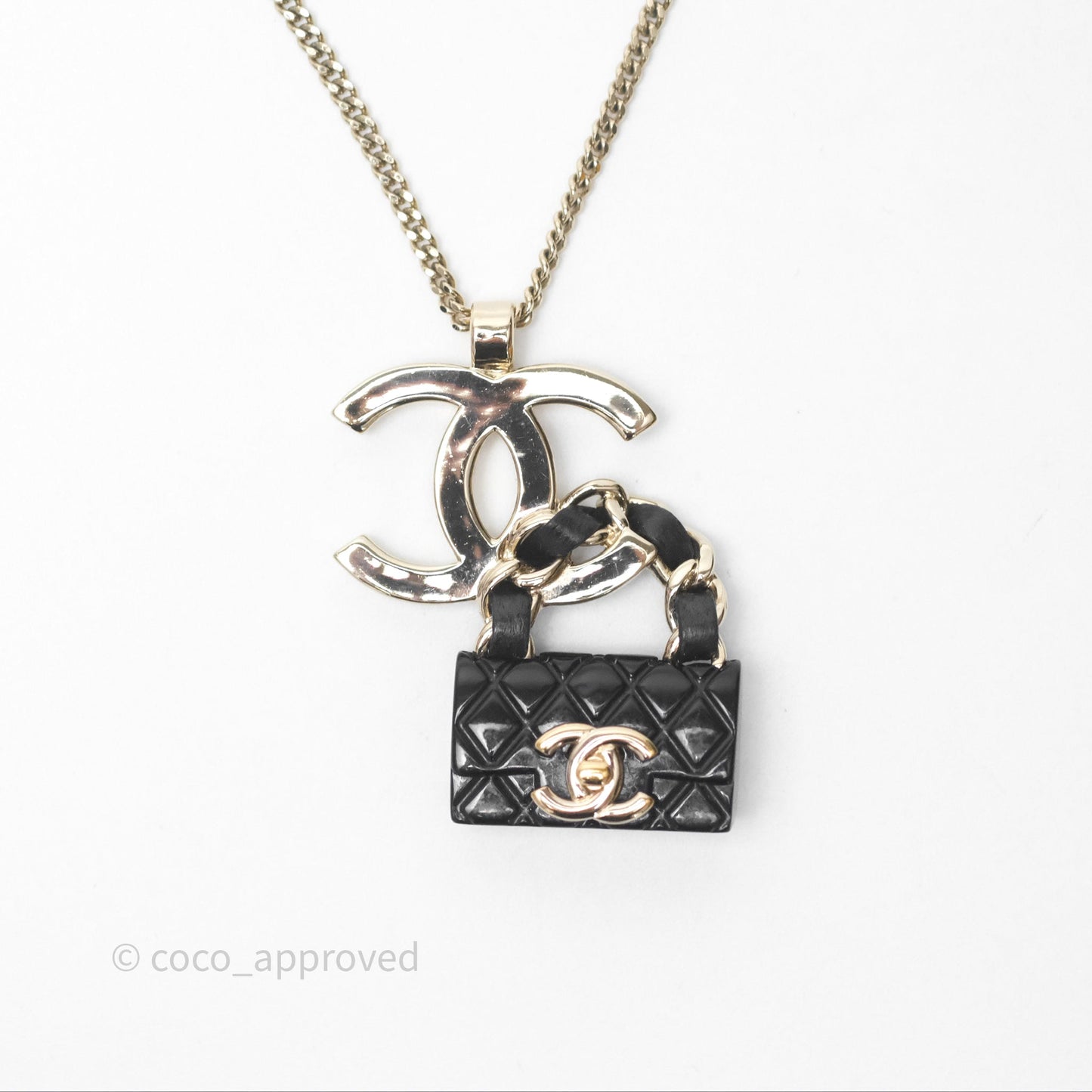 Chanel CC Black Flap Bag Pendant Necklace Gold Tone