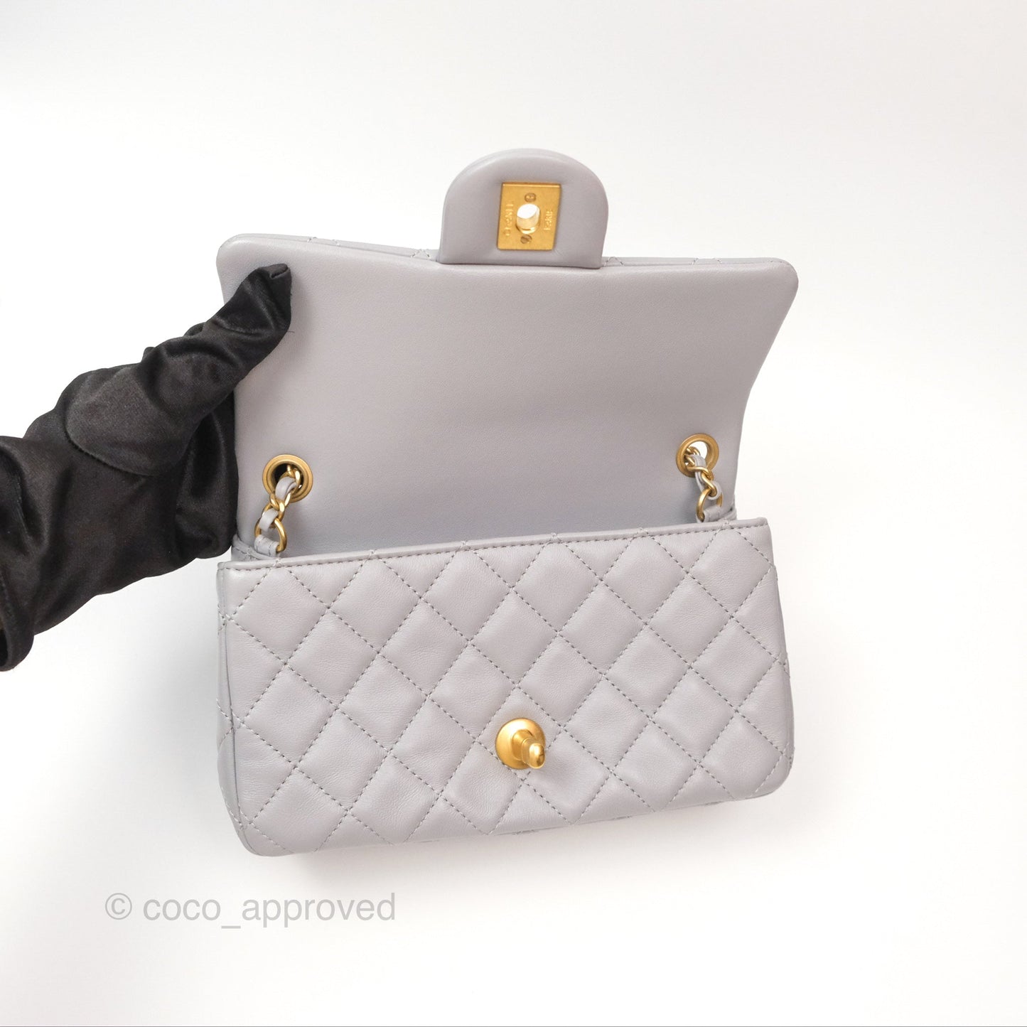 Chanel Pearl Crush Mini Rectangular Grey Lambskin Aged Gold Hardware