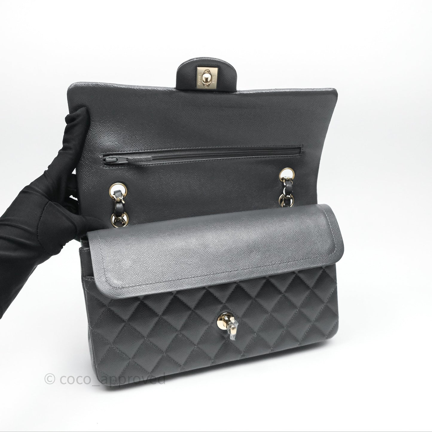Chanel Classic M/L Medium Flap Quilted Dark Grey Caviar Gold Hardware