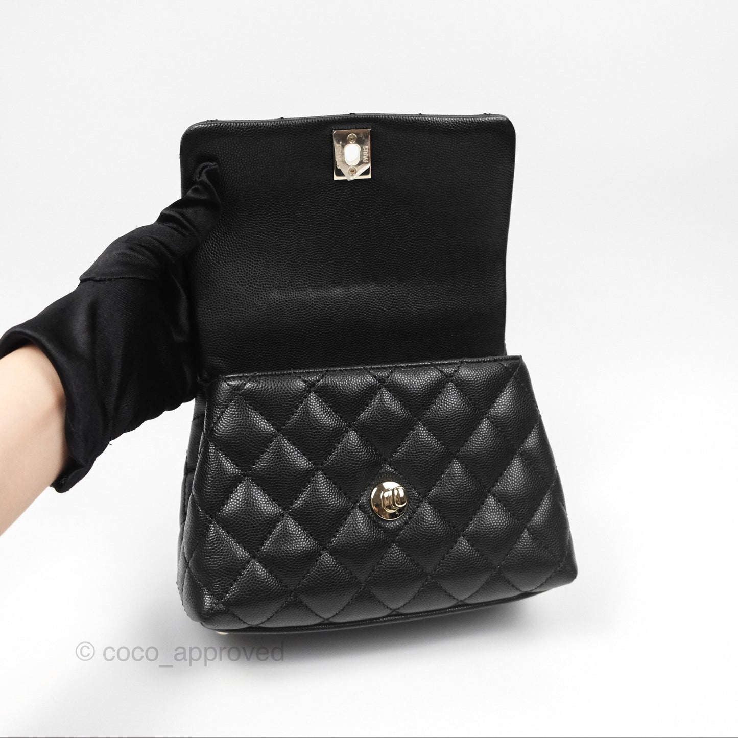 Chanel Mini Coco Handle Quilted Black Caviar Lizard Embossed Handle Gold Hardware