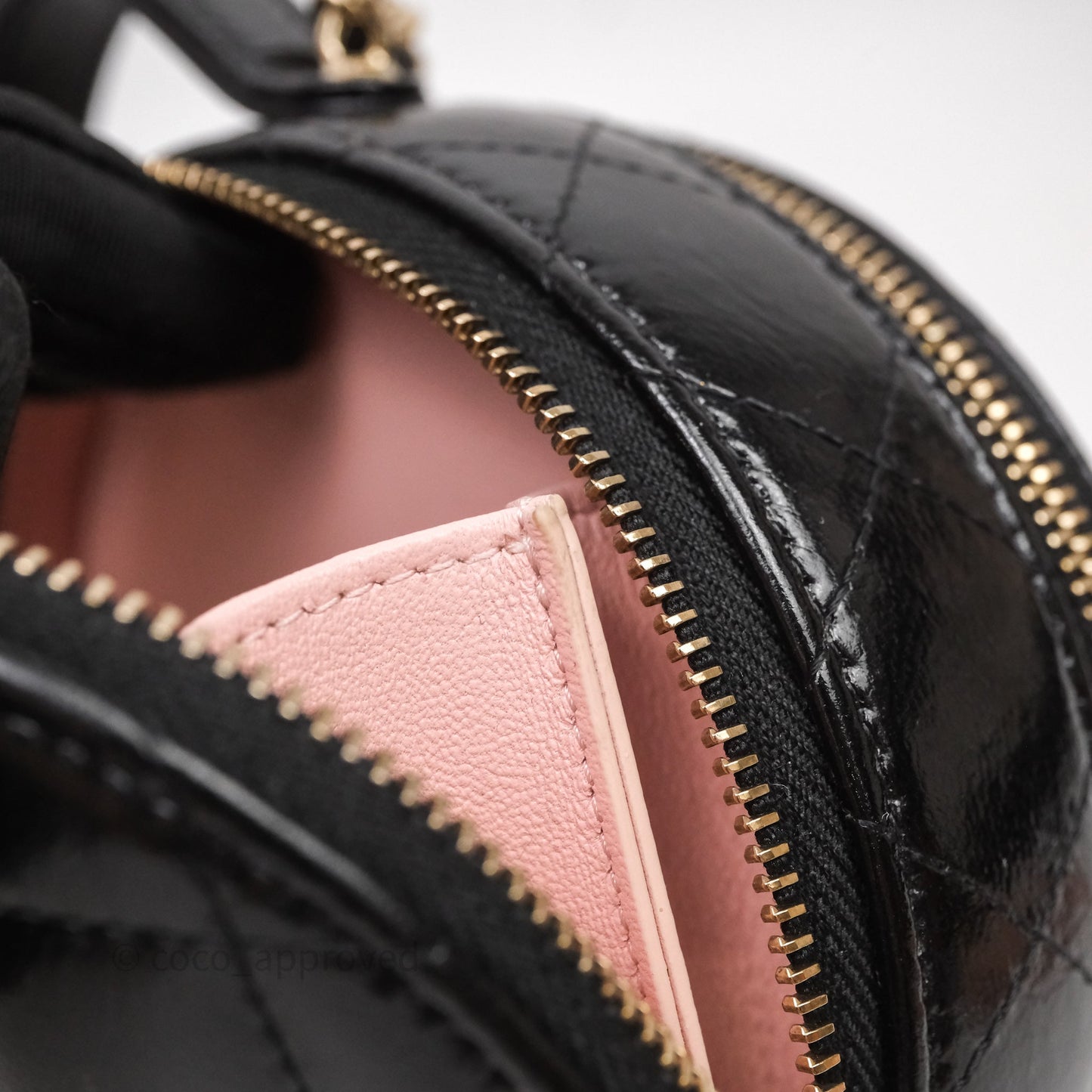 Chanel Mini Round Vanity Bag Handle With Care Black Glazed Lambskin Gold Hardware