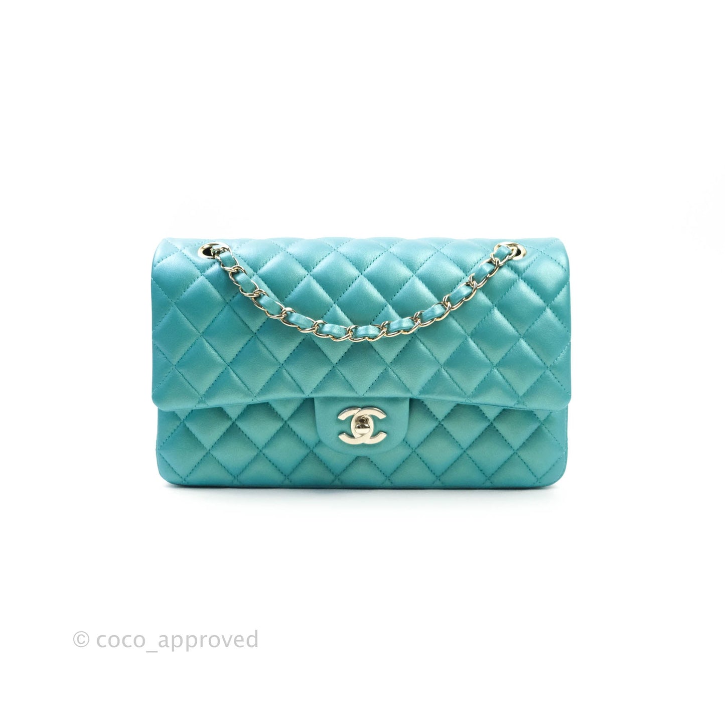 Chanel Classic M/L Medium Double Flap Iridescent Turquoise Calfskin Gold Hardware