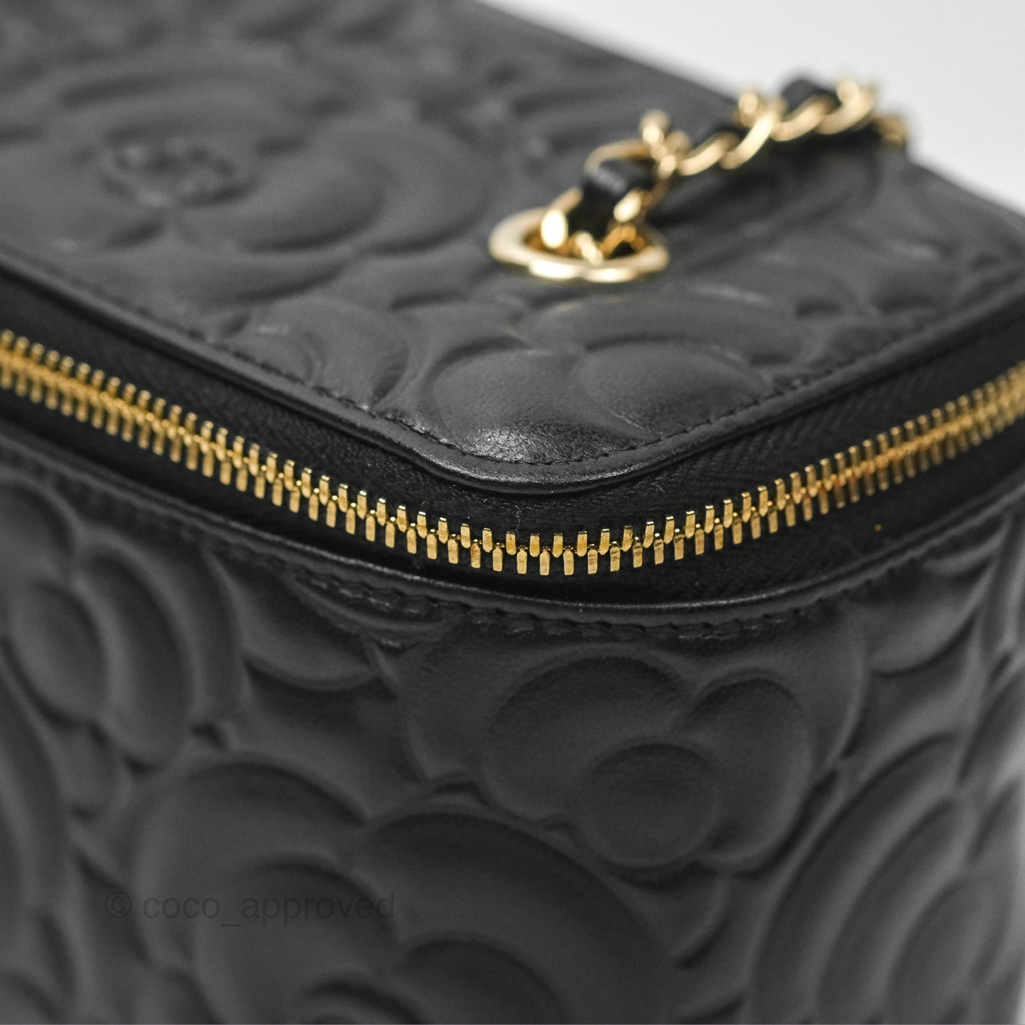 Chanel Vanity Rectangular Camellia Embossed Black Lambskin Gold Hardware 21S