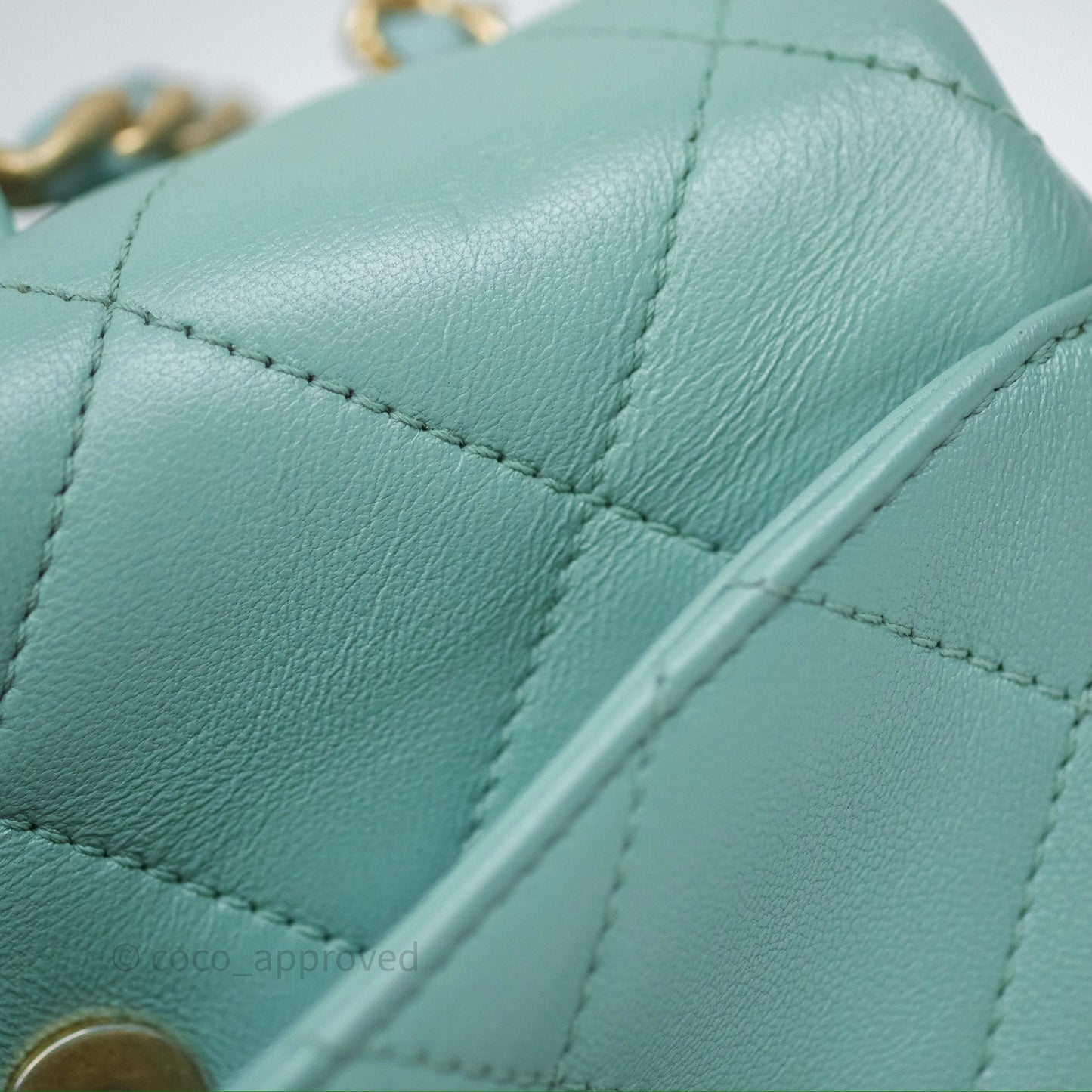 Chanel Quilted Small Circular Handle Bag Mint Green Aged Gold Hardware