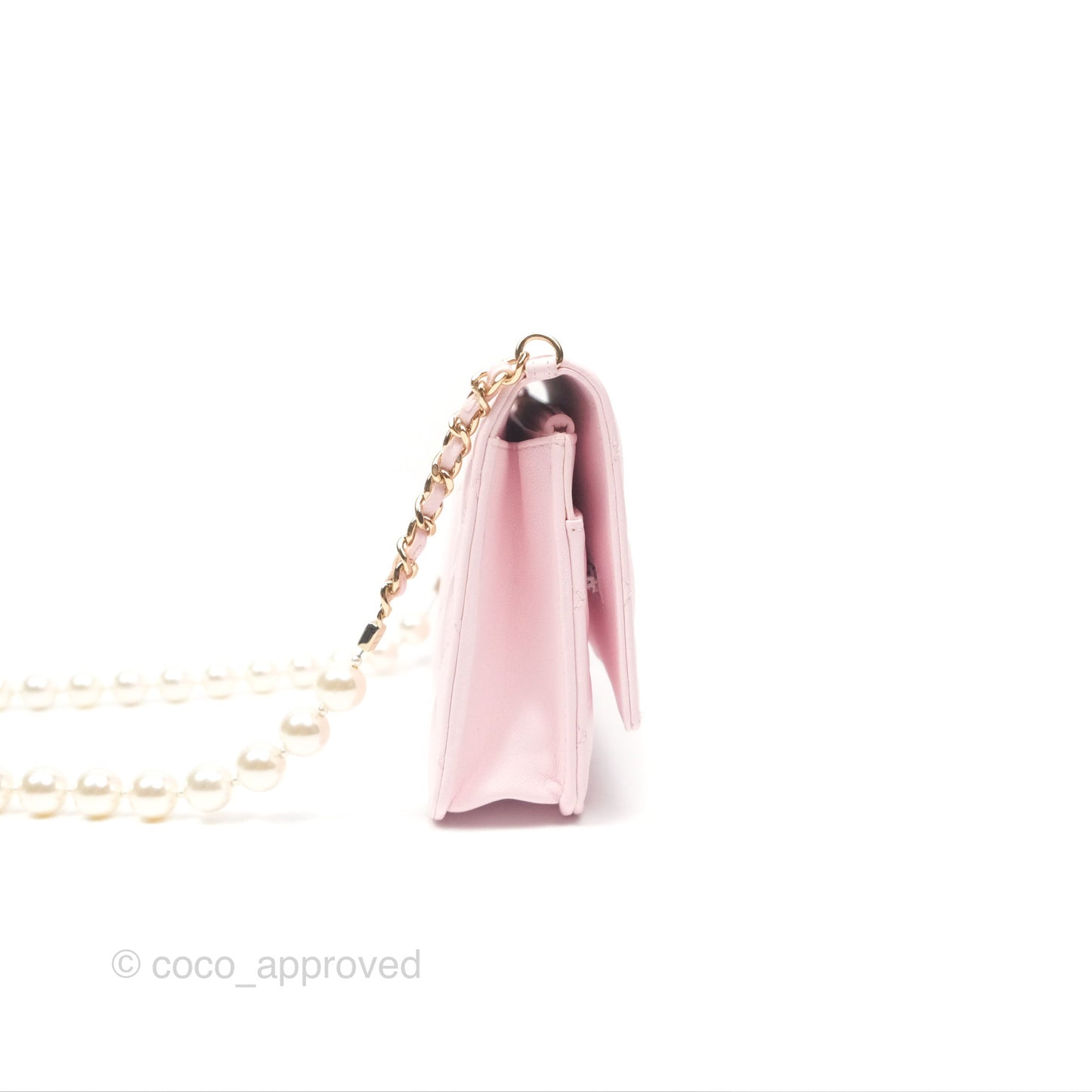 Chanel Wallet On Chain WOC Pearl Chain Iridescent Light Pink Lambskin Gold Hardware