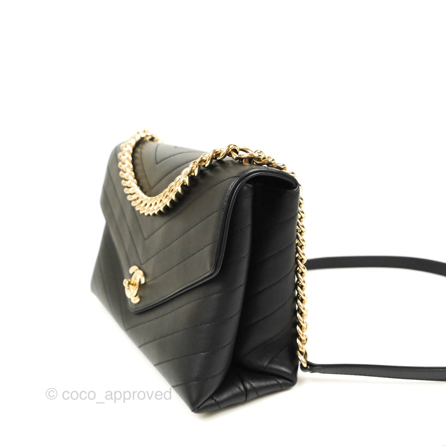 Chanel Chevron Stitched Coco Flap Bag Black Calfskin Gold Hardware