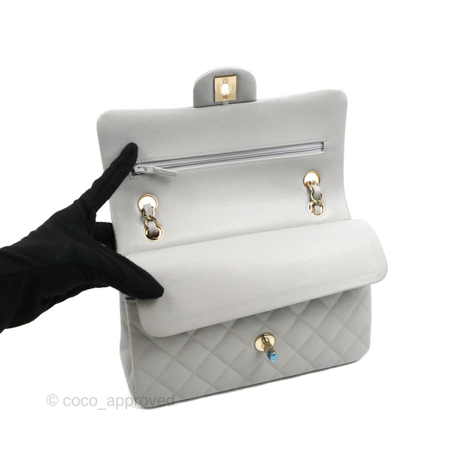 Chanel Classic Small S/M Quilted Flap Grey Caviar Gold Hardware 21A
