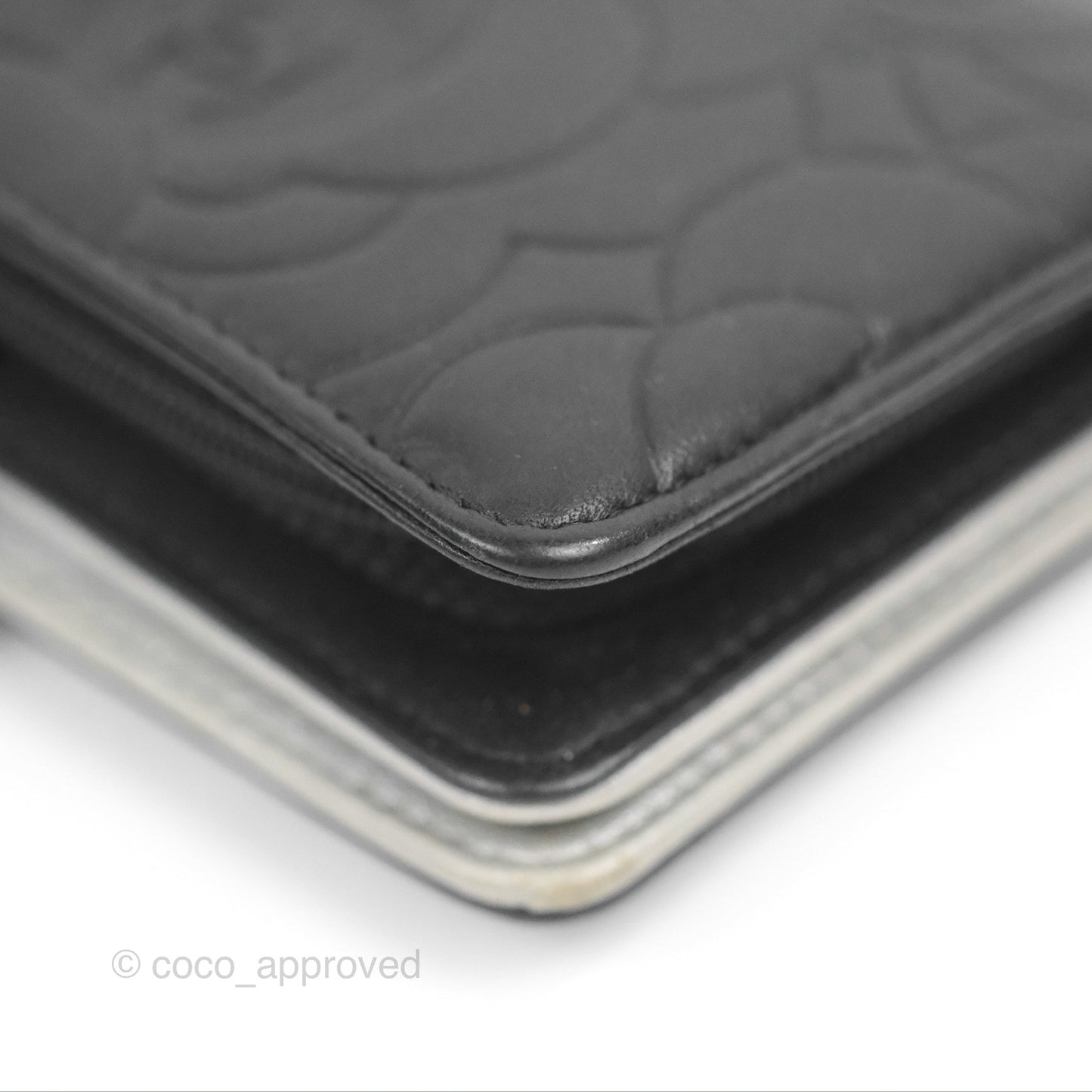 Chanel Wallet Black Camellia Embossed Lambskin Silver Hardware