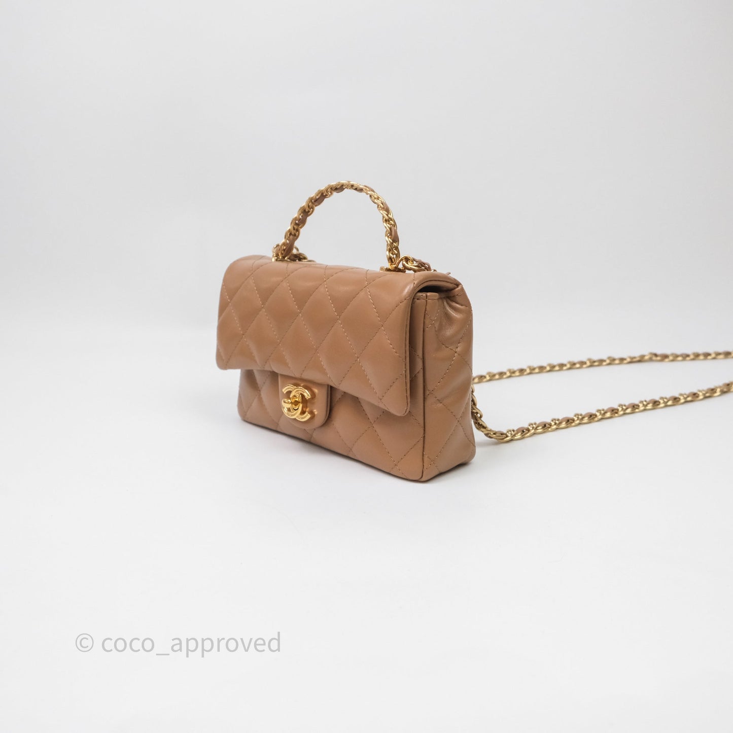 Chanel Top Handle Flap Bag Beige Lambskin Gold Hardware