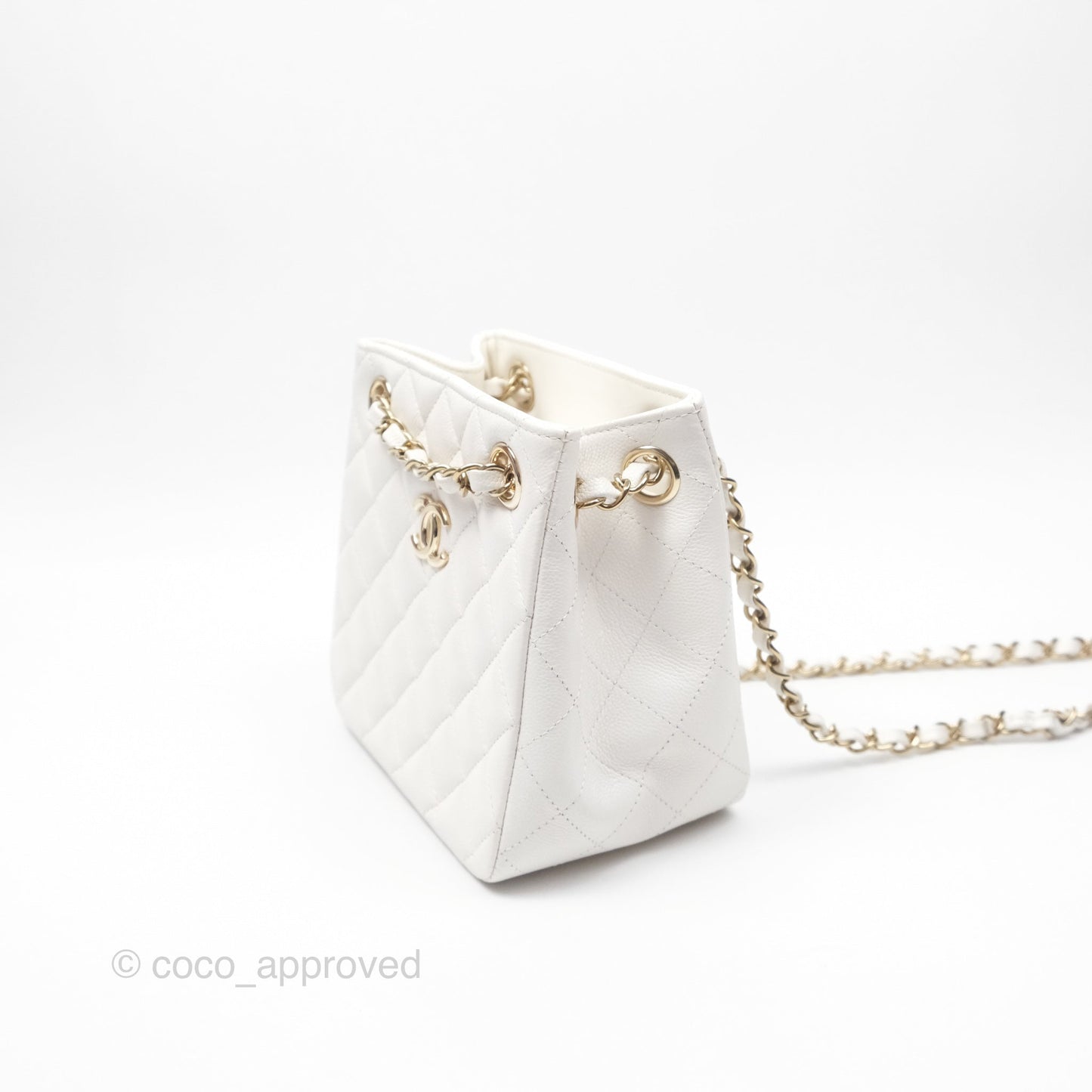 Chanel Mini Bucket Tote White Caviar Gold Hardware 22S