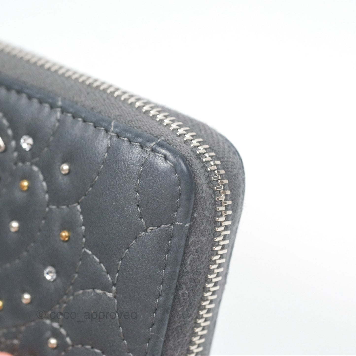 Chanel Camellia Crystal Studded Zipped Coin Purse Grey Silver Hardware
