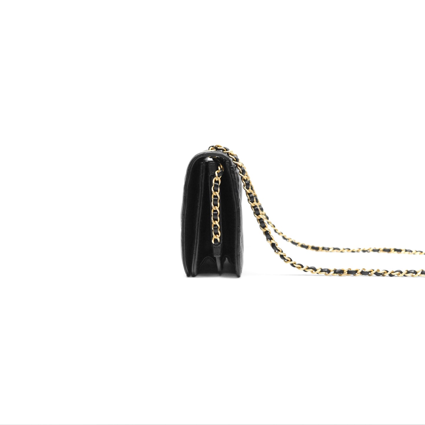 Chanel Quilted Side Chain Flap Bag Black Calfskin Aged Gold Hardware