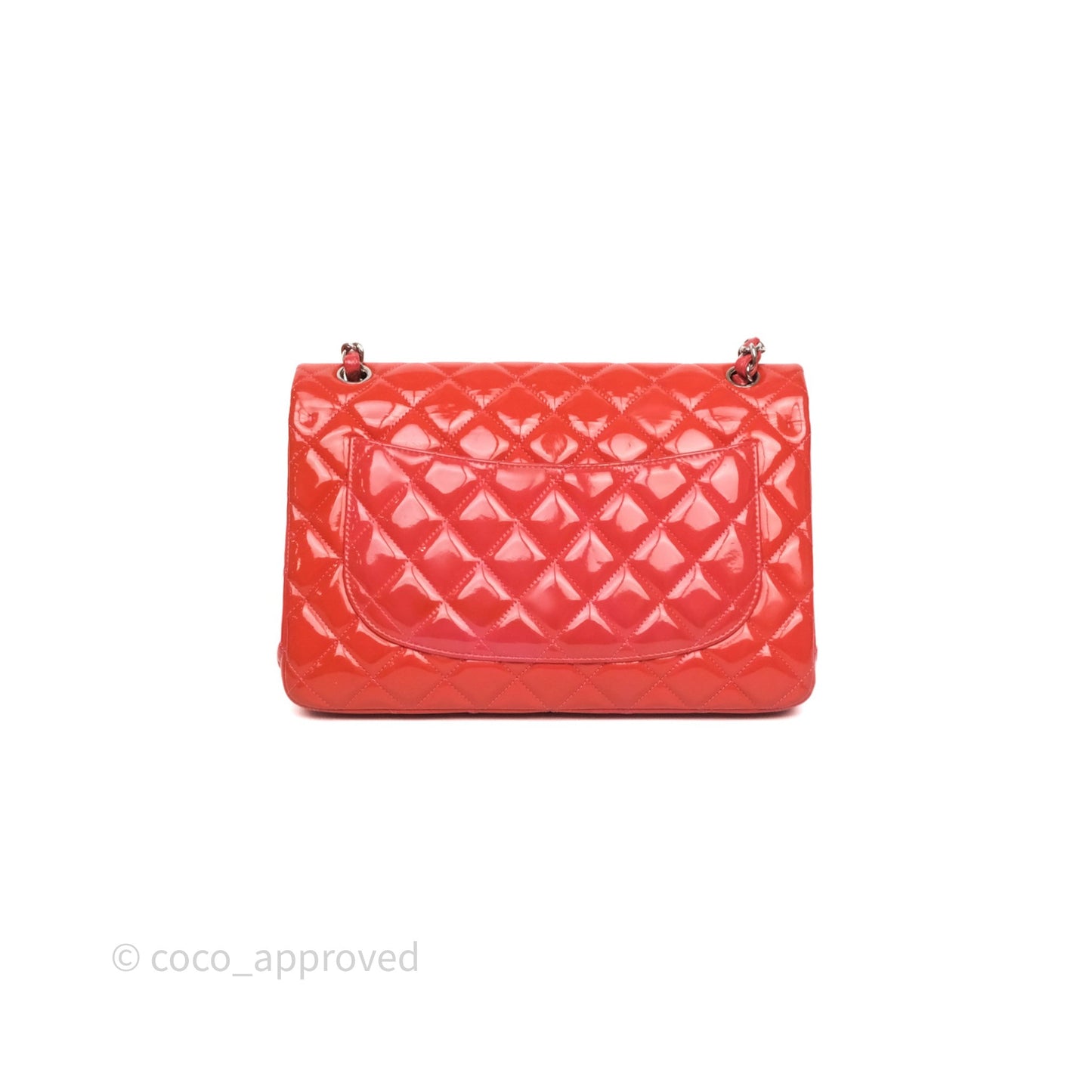 Chanel Jumbo Double Flap Red Orange Patent Silver Hardware⁣⁣