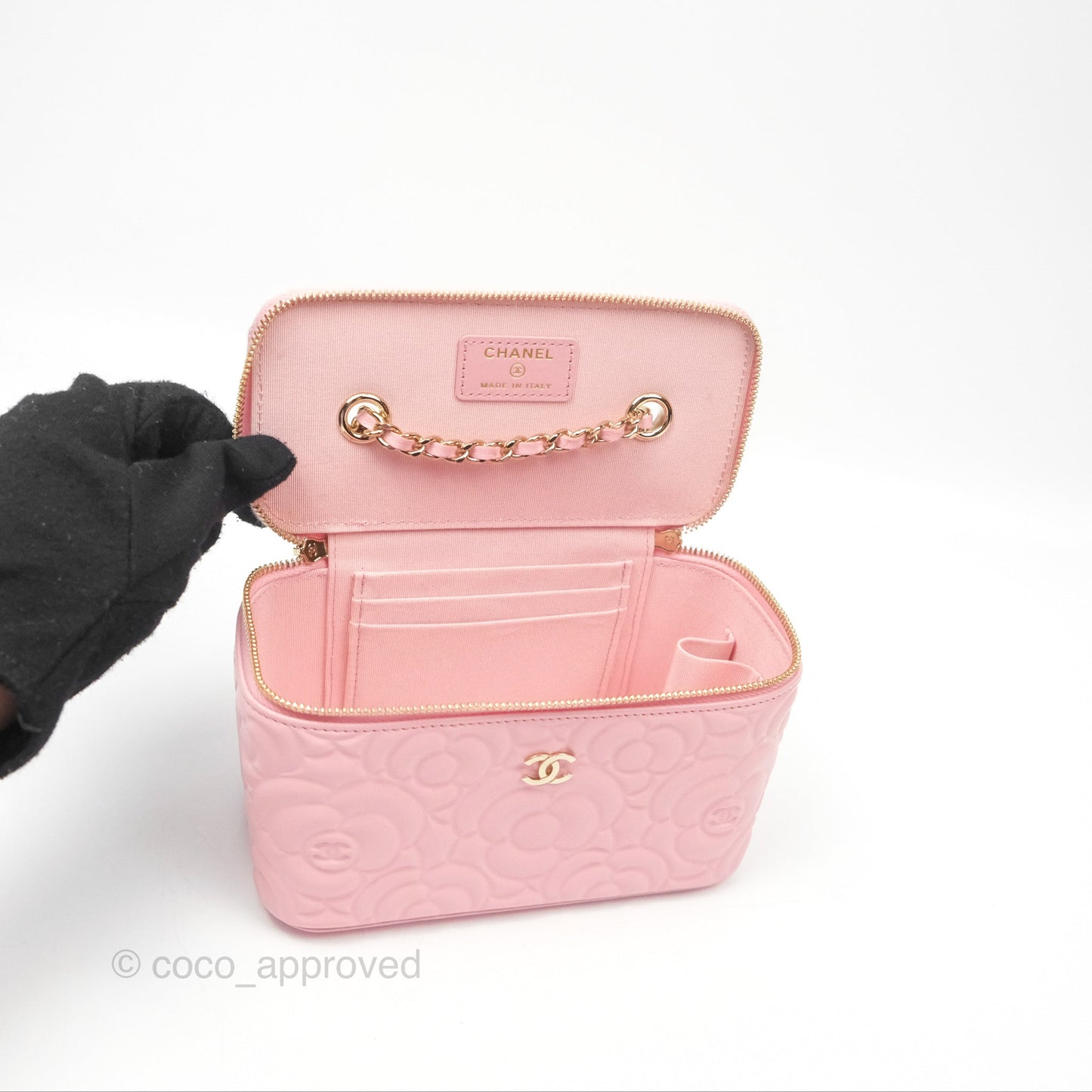 Chanel Vanity with Chain Camellia Embossed Pink Lambskin Gold Hardware
