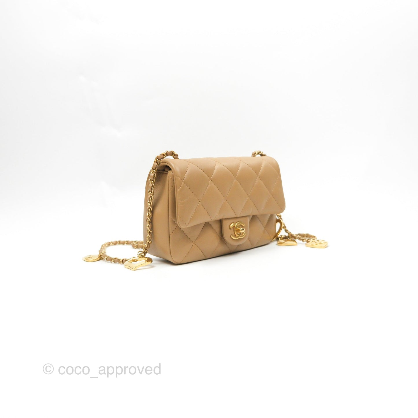 Chanel Mini Flap Bag With Heart CC Charm Dark Beige Lambskin Aged Gold Hardware
