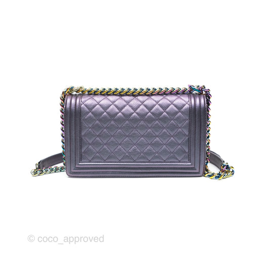 Chanel Medium Boy Quilted Iridescent Purple Goatskin Rainbow Hardware