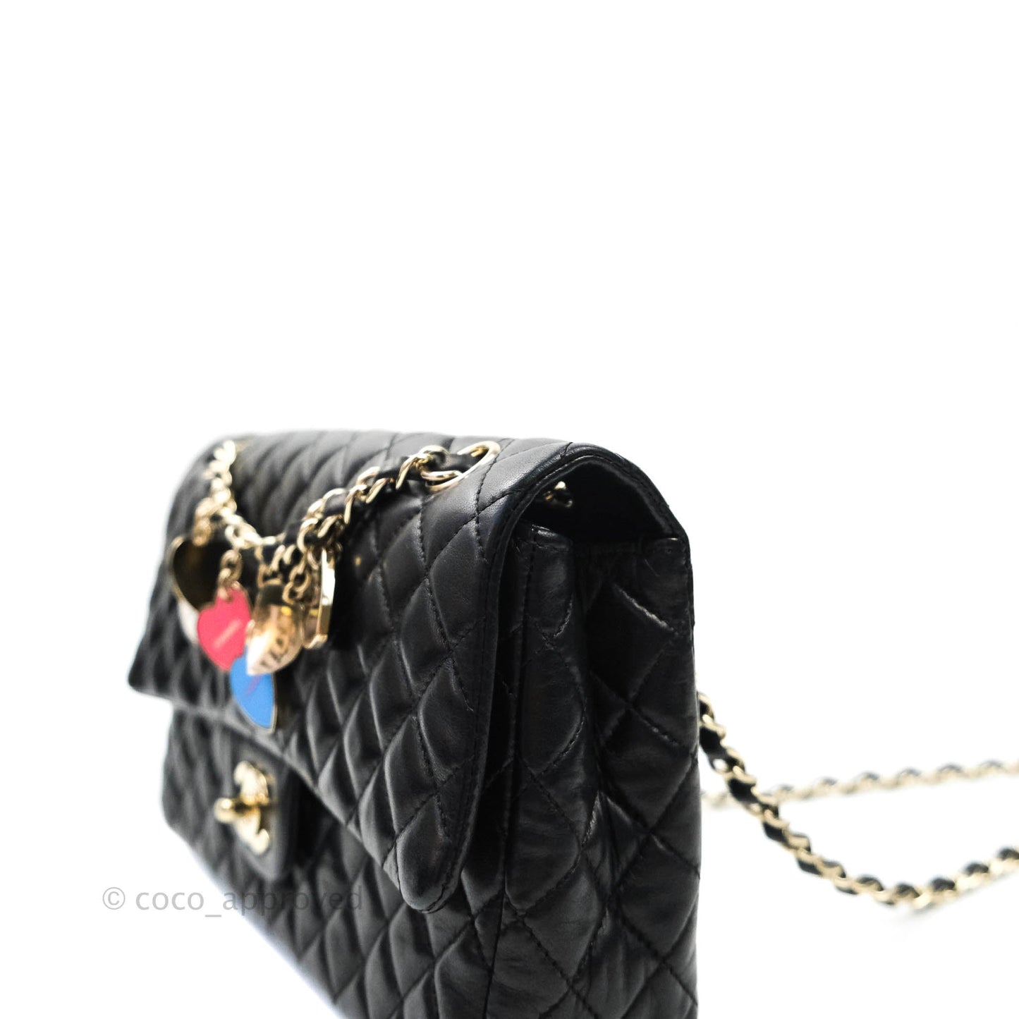 Chanel Classic M/L Medium Quilted Black Flap With Valentines Charms Lambskin Gold Hardware